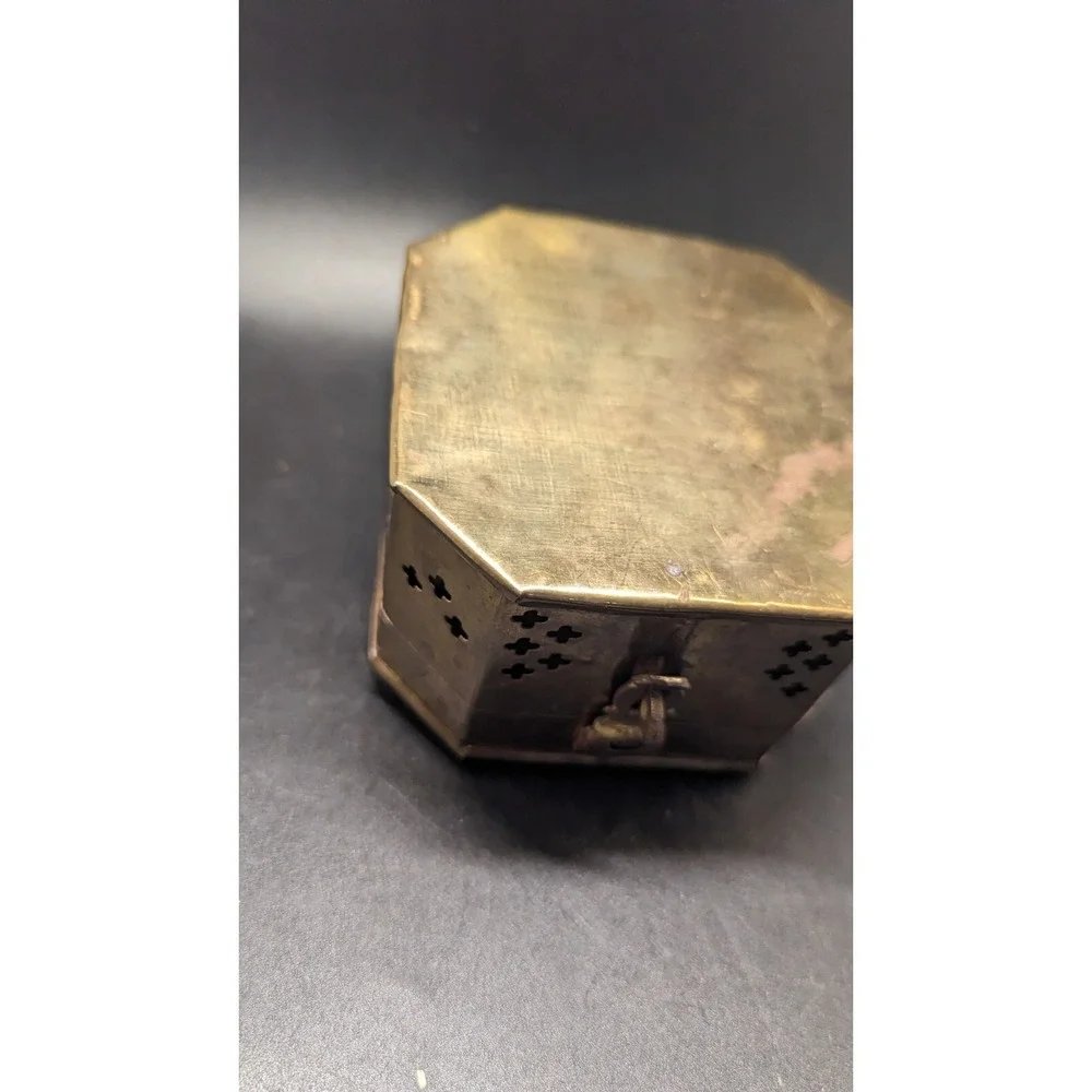 Vintage Brass Metal Hinged Cricket Incense Box With Clasp And Handle
